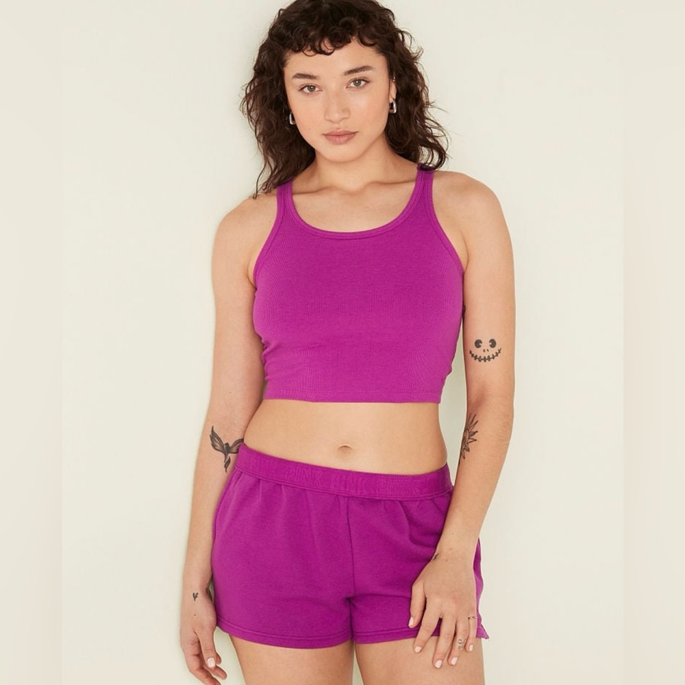 Victoria’s Secret Pink Ribbed Cropped Tank Top & Fold Over Shorts Set NWT🩷